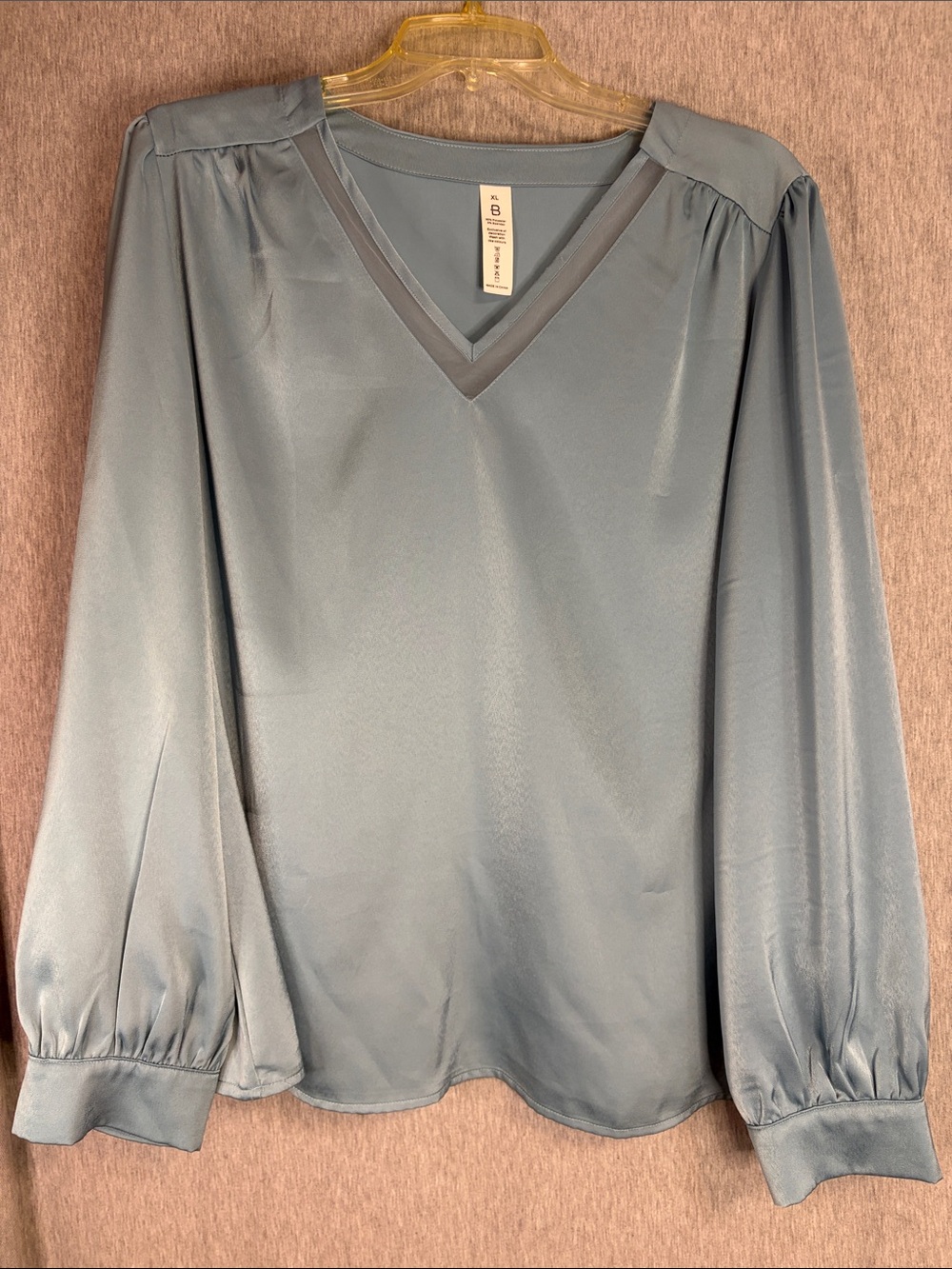 Women's Satin V-Neck Long Sleeve Blouse - Dusty Blue